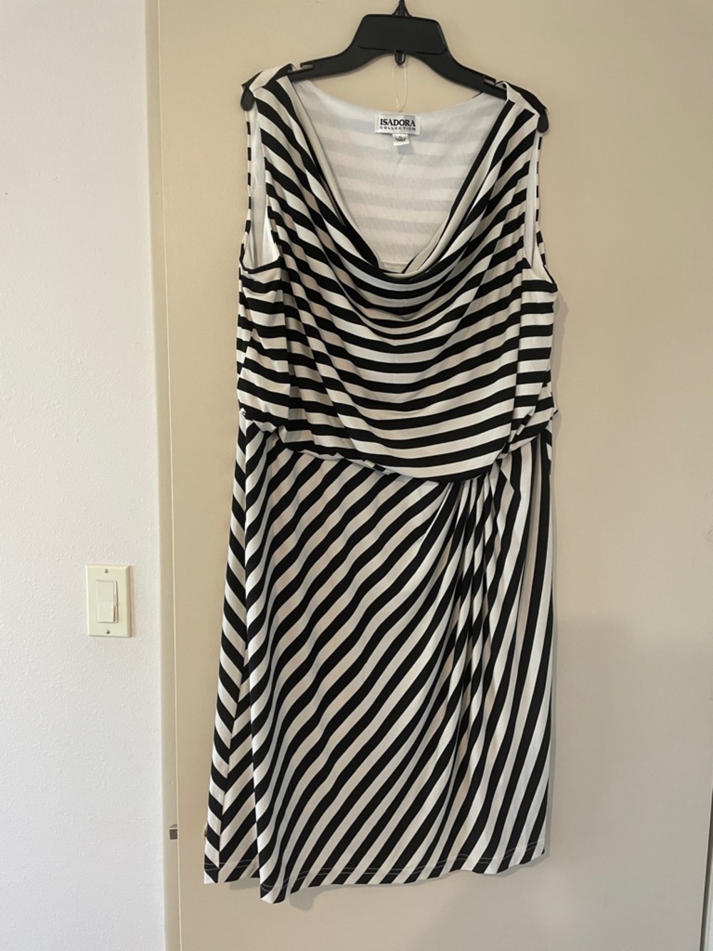 Black & Cream Striped Midi Dress with Draped Neckline
